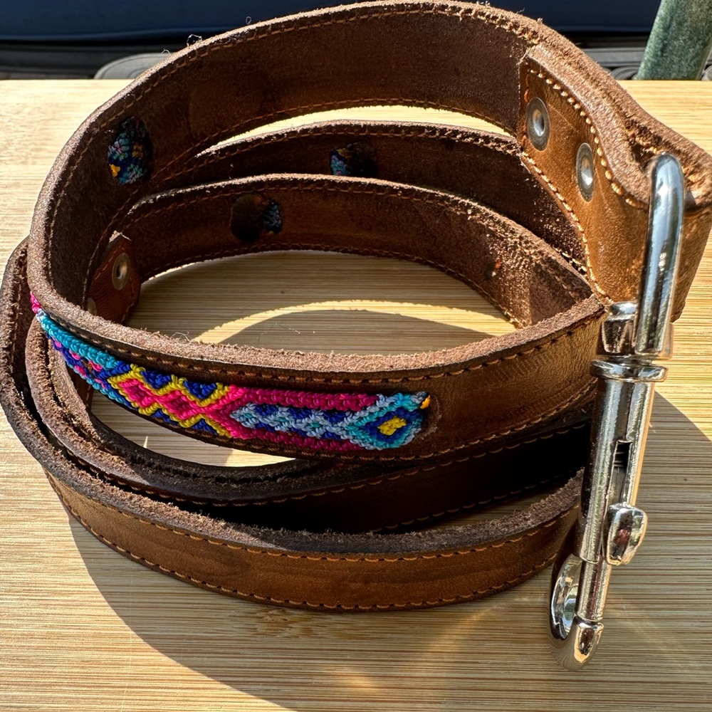Light Brown Leather Leash w/ Bright woven embroidered colors